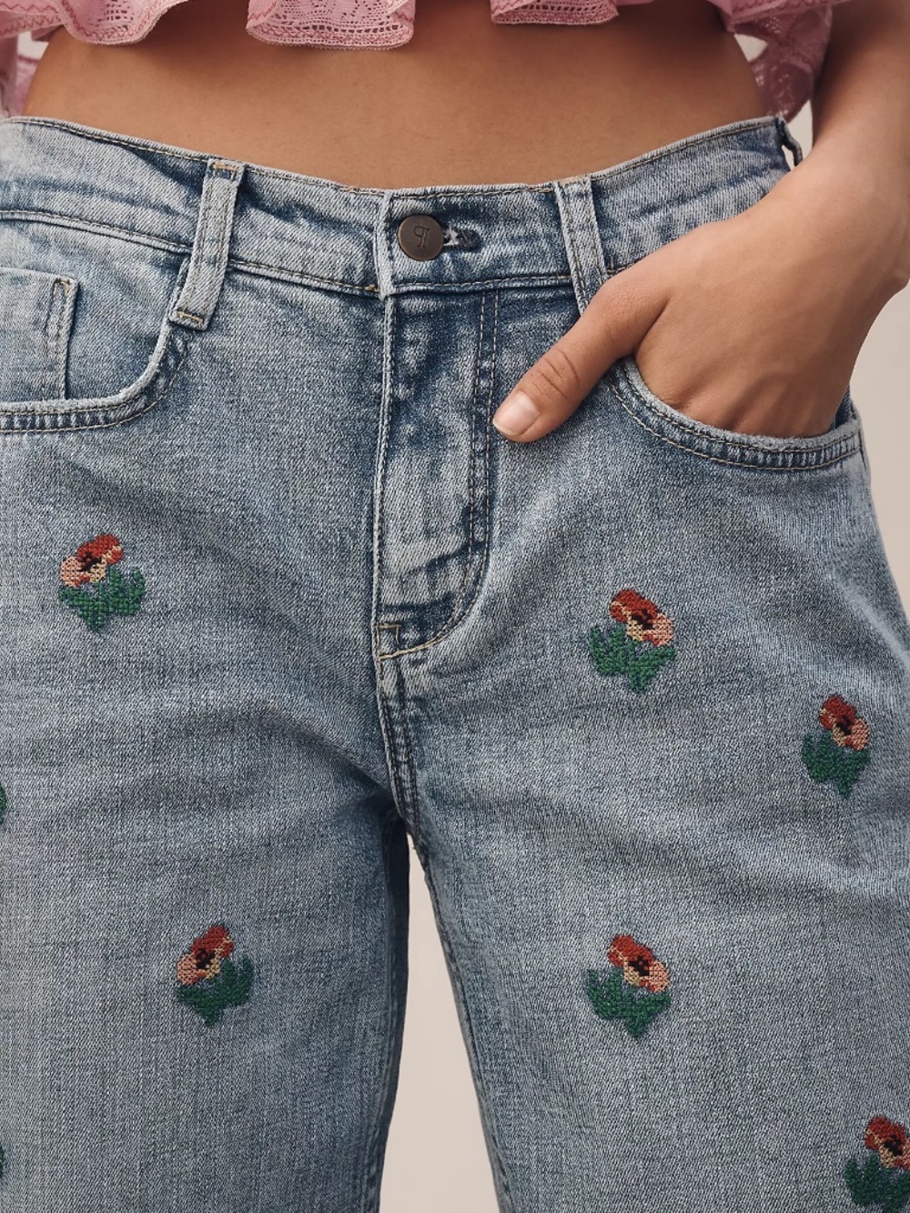 Pilcro Baggy Slim Boyfriend Embroidered High-Rise Relaxed Jeans - Picture 4 of 6
